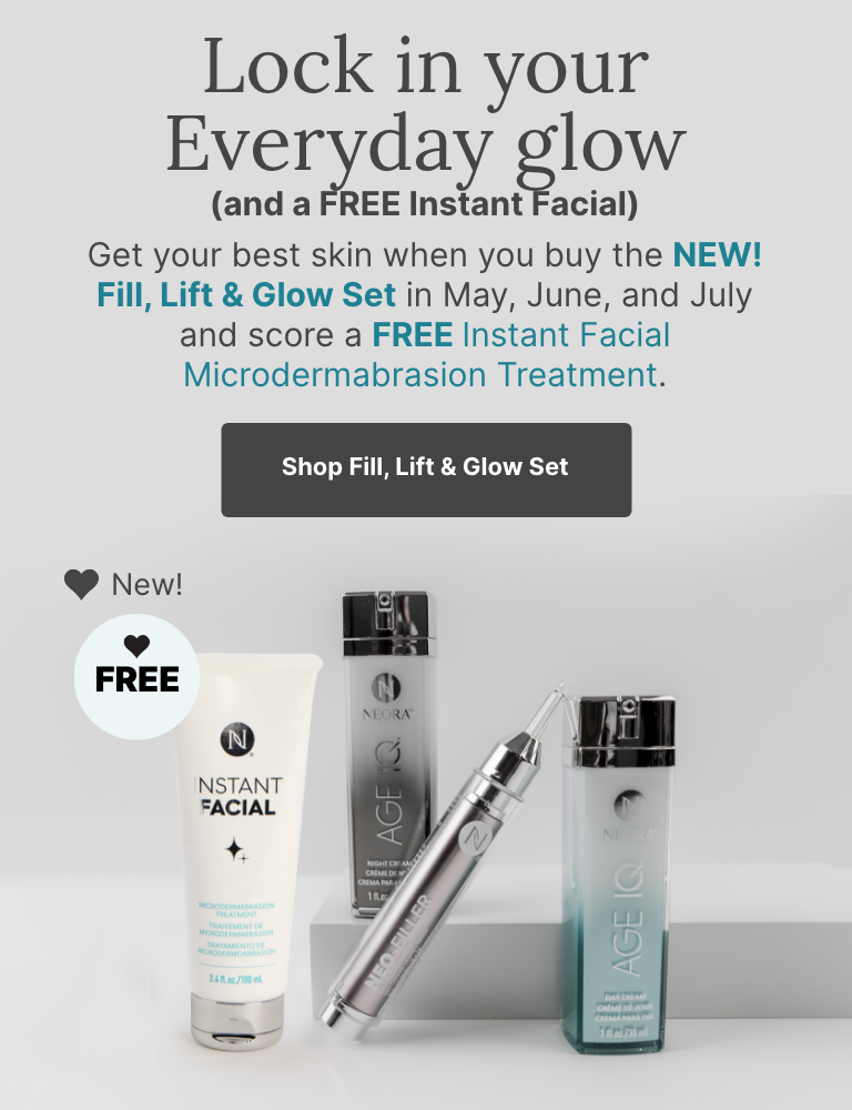 Buy the NEW! Lift, Fill & Glow Set in May, June and July and score a FREE Instant Facial Microdermabrasion Treatment. Featured is the new skincare set.